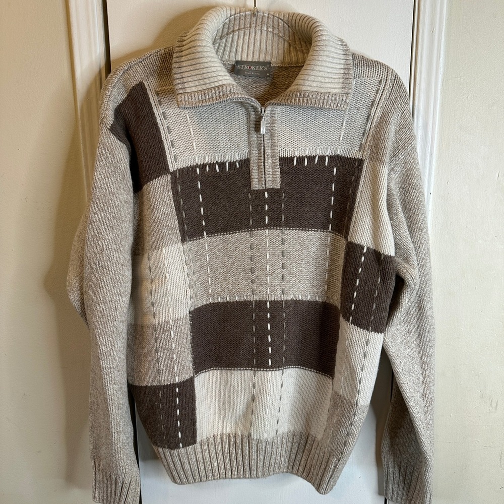 Stroker's Mens Lambswool Blend Quarter Zip Patchwork Knit Sweater Beige Brown M